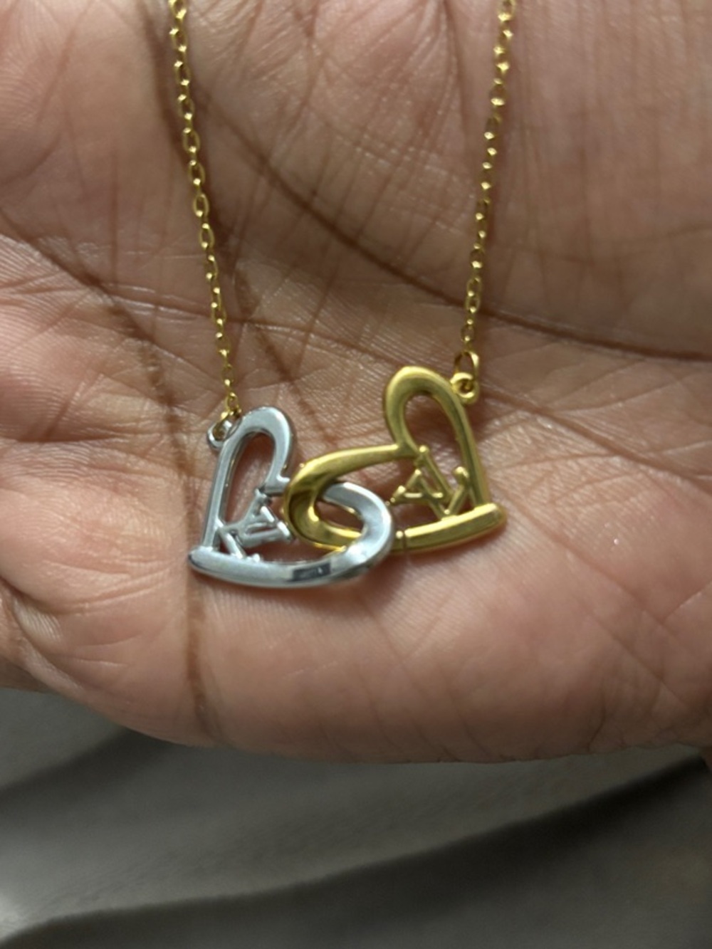 Two-Tone Gold & Silver LV Interlocking Heart Necklace